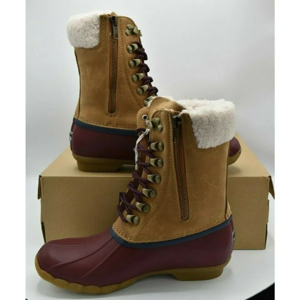 NWB Sperry Womens Size 7 M Saltwater Tall Leather Cozy‎ Tan Duck Boots STS85401